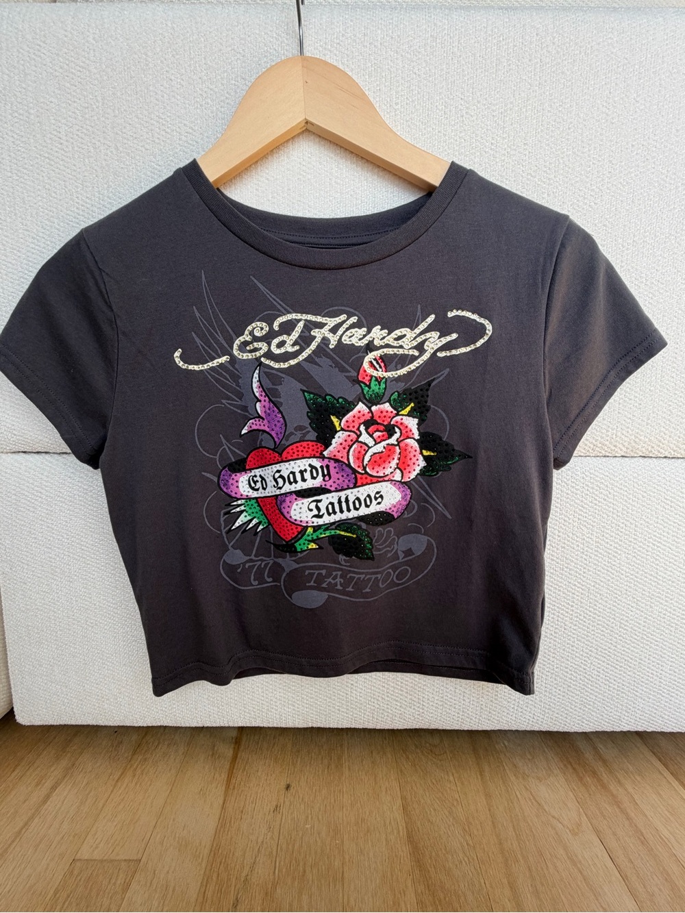 Ed Hardy Black Crop Tee with Pink Rose Graphic